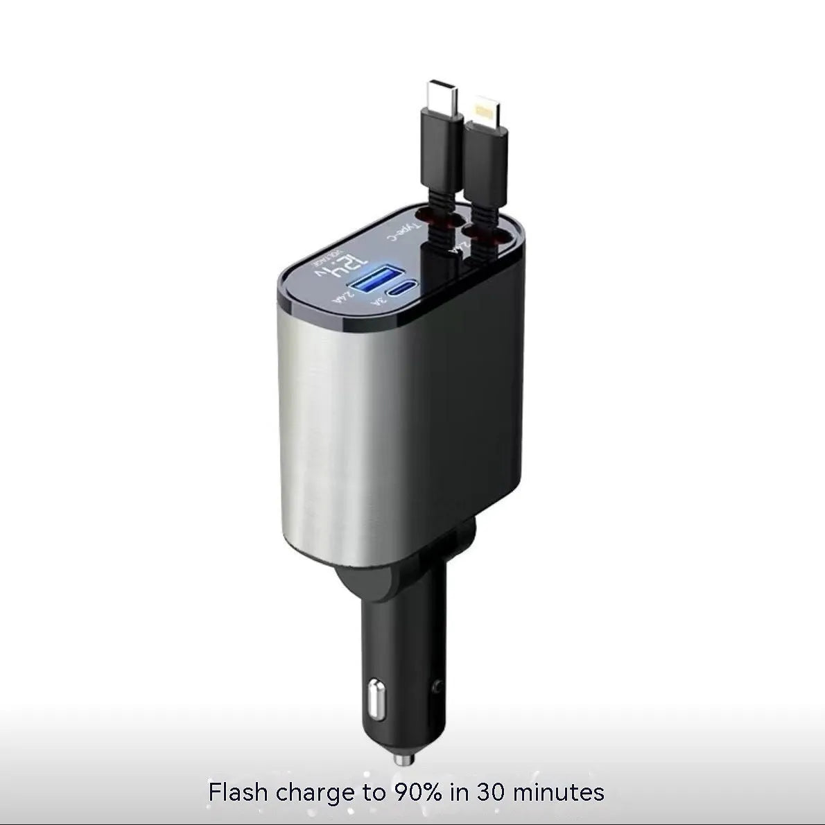 Automatic retractable car charger with fast-charging plug inserted into a vehicle cigarette lighter socket.