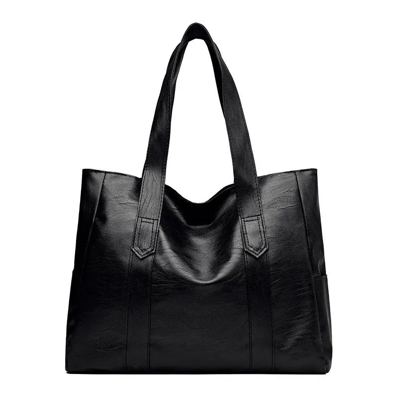 Medium-hard PU leather tote handbag in horizontal square shape with sewing thread detail and double shoulder strap