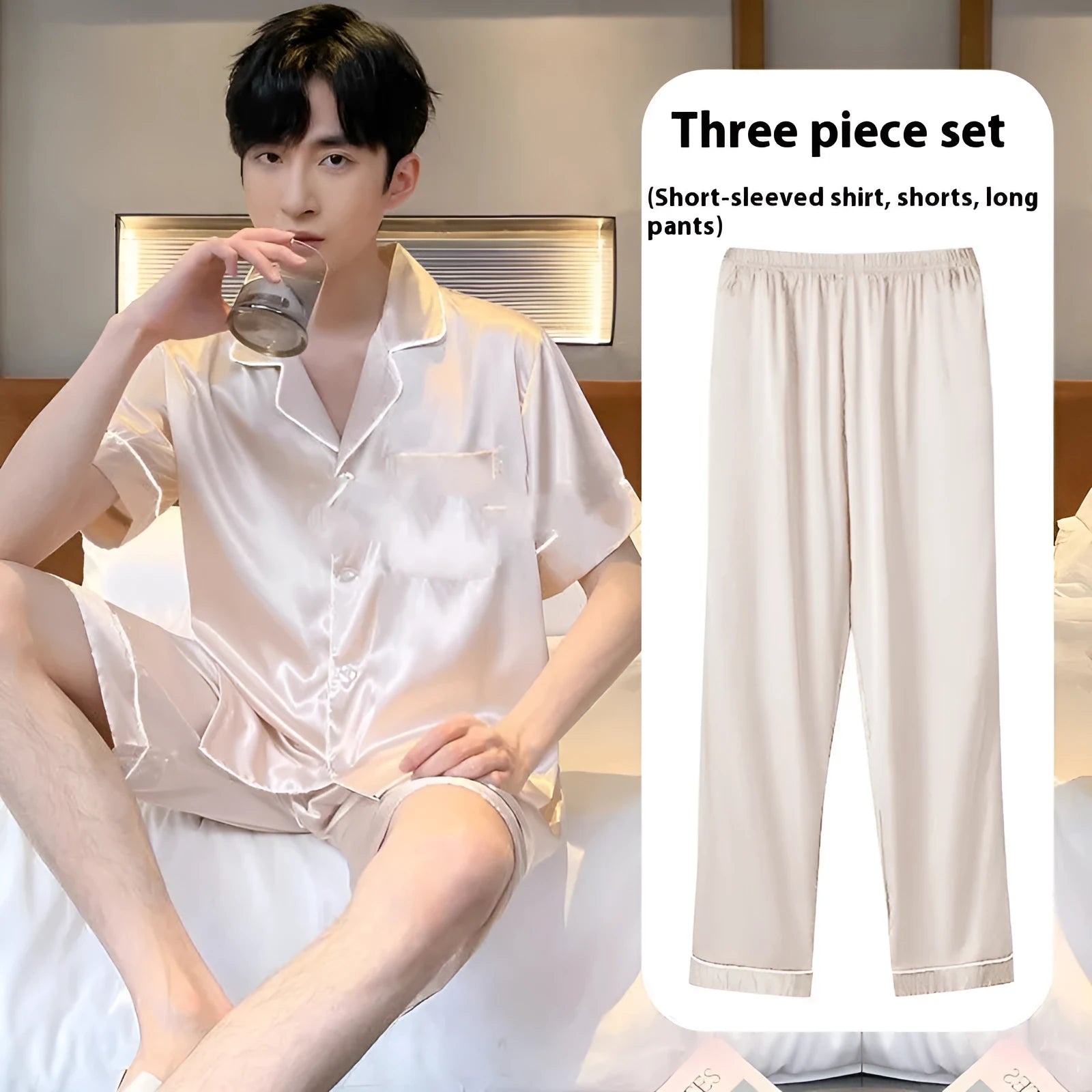 Men's ice silk three-piece loungewear set in black, showing top, shorts, and trousers.