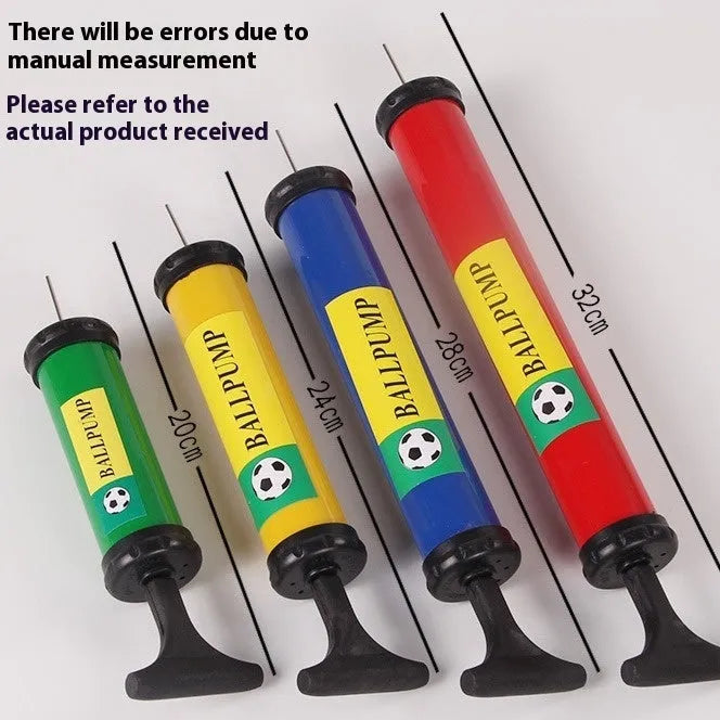 Manual plastic hand pump for sports balls and balloons, shown with adjustable length.