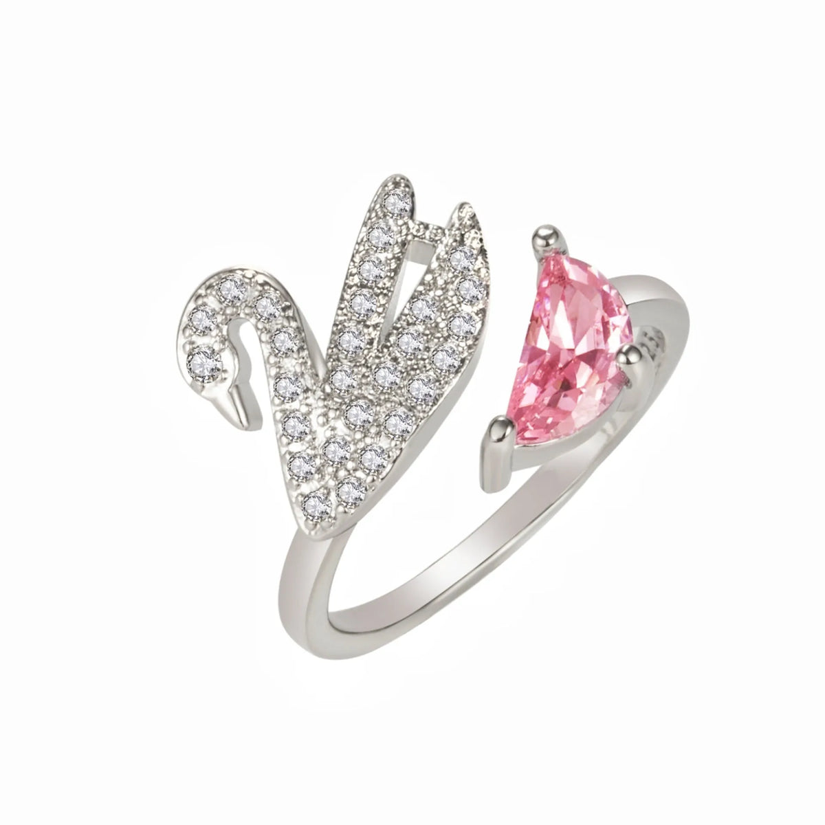 Adjustable open swan ring with zircon crystal in rose gold or white gold plated finish, unisex fashion finger ring