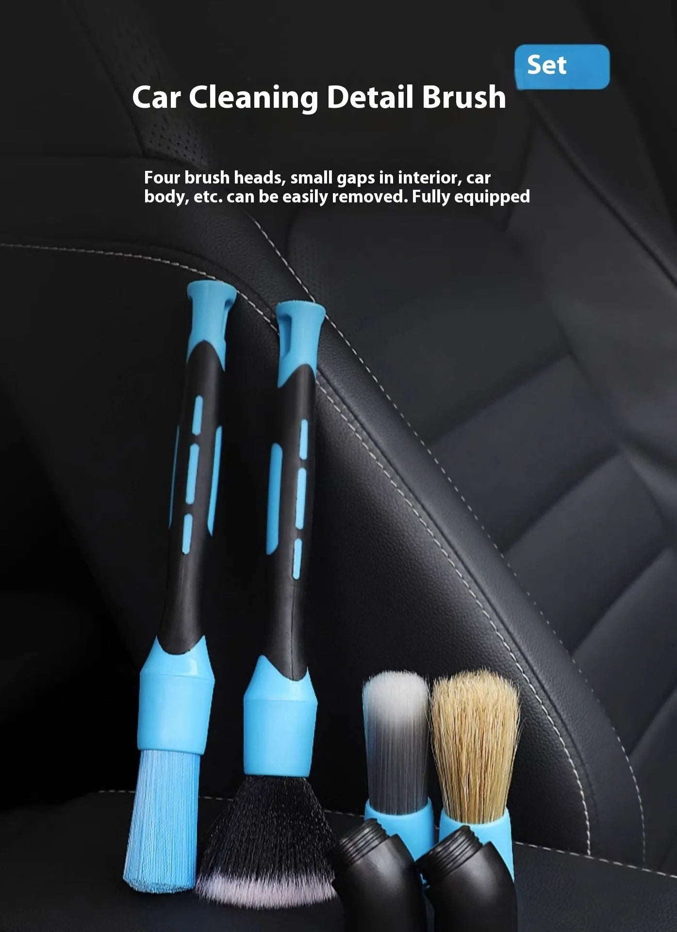 Blue detachable car wash brush set with four brush heads two handles and two elbows for engine bay cleaning