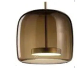 Single head glass pendant light with iron body, available in clear, cognac, amber, smoke grey, or coffee, adjustable height 1.5 m