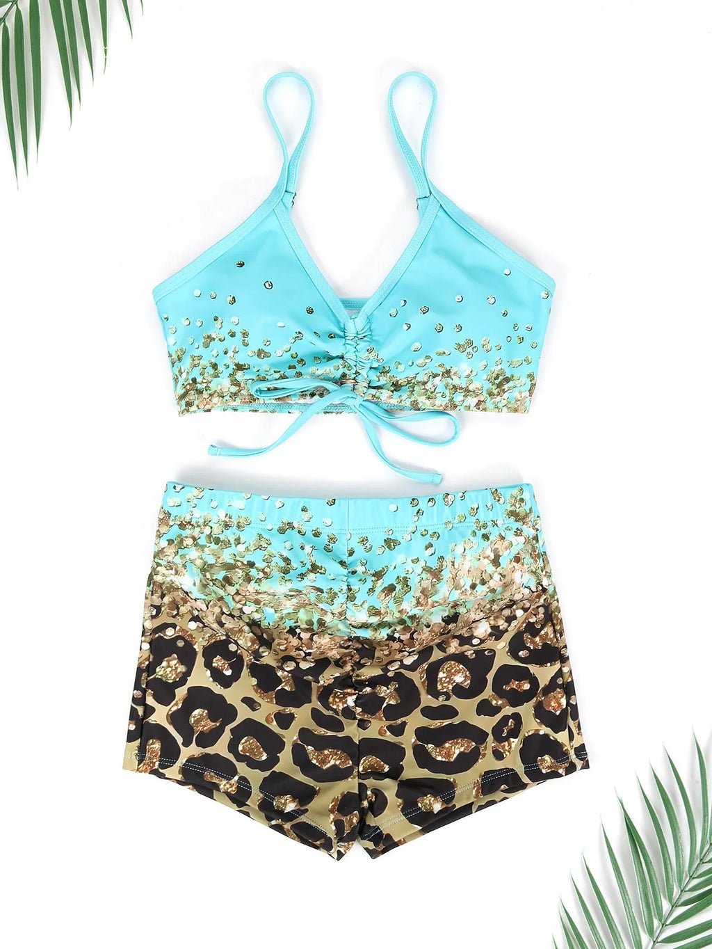 Women's polyester swimsuit set with sling, shorts, and coat in lake blue, black, or rose red