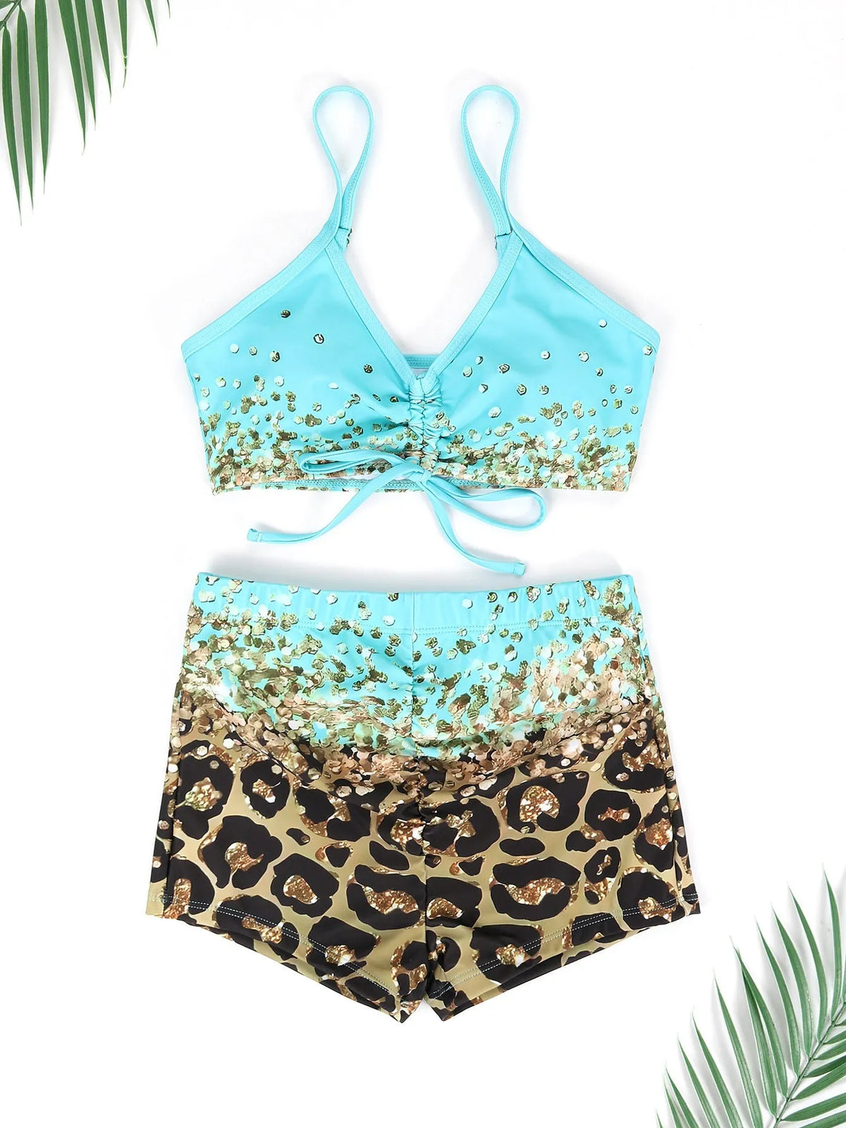 Women's polyester swimsuit set with sling, shorts, and coat in lake blue, black, or rose red