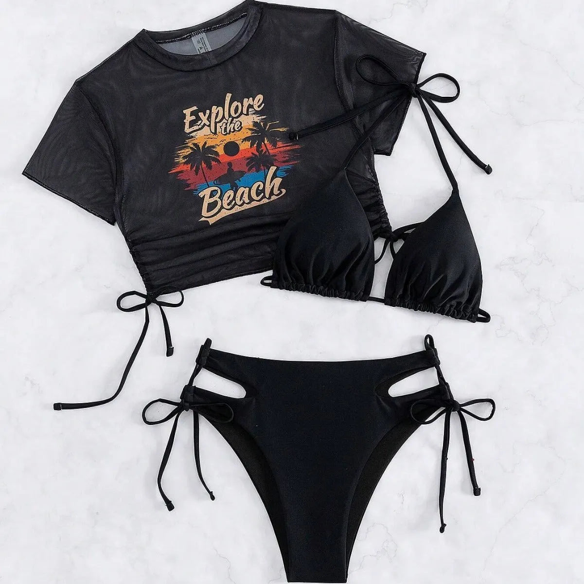 Women's three-piece bikini swimsuit set with short-sleeved top in black, white, pink, or orange red