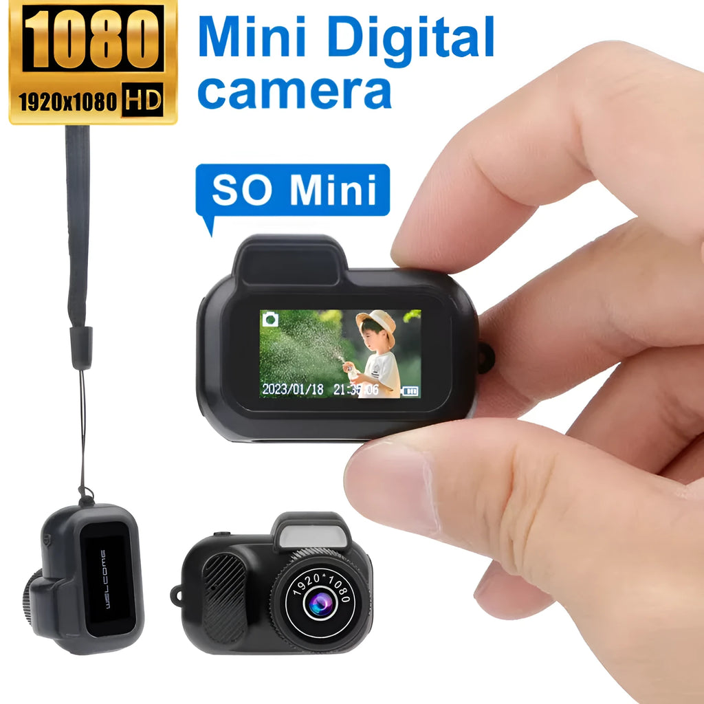 Black retro mini video camera with built-in screen showing 1080p HD recording