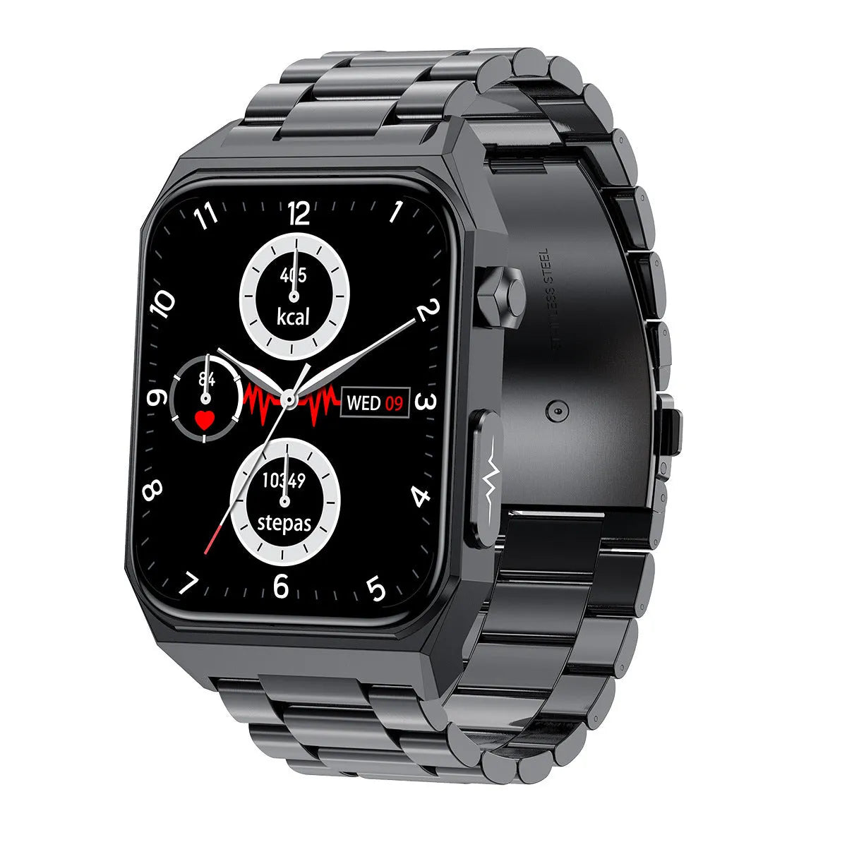 Blood glucose smart watch with ECG, blood pressure, and heart rate monitoring on a 1.91-inch touch screen, black strap