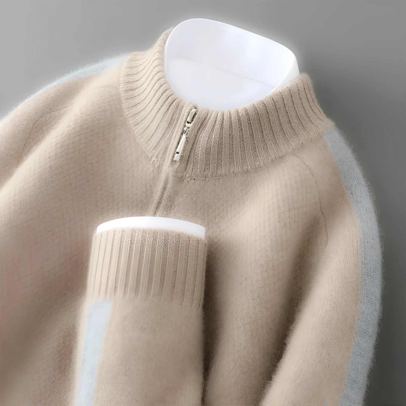 Half-height zip round neck slim fit wool sweater in raw velvet camel colour