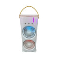 White portable humidifier fan with double heads, remote control, and USB cable