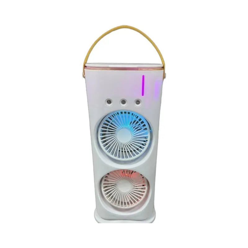 White portable humidifier fan with double heads, remote control, and USB cable