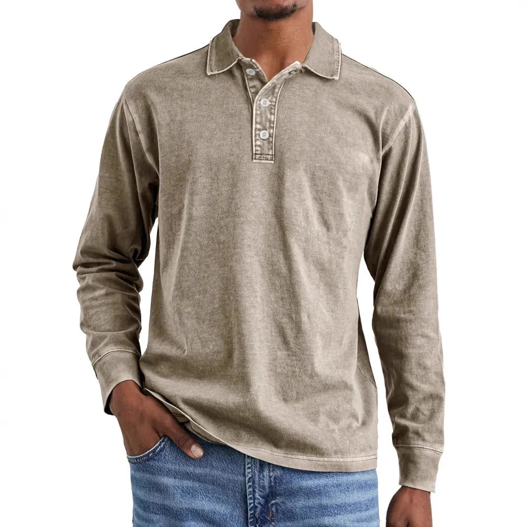 Retro washed distressed pure cotton men's long sleeve polo shirt with a lapel collar.