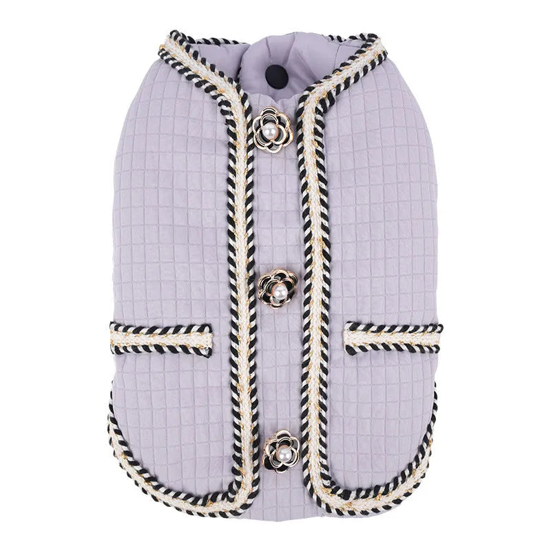 Cartoon print quilted dog coat in light purple colour for winter warmth
