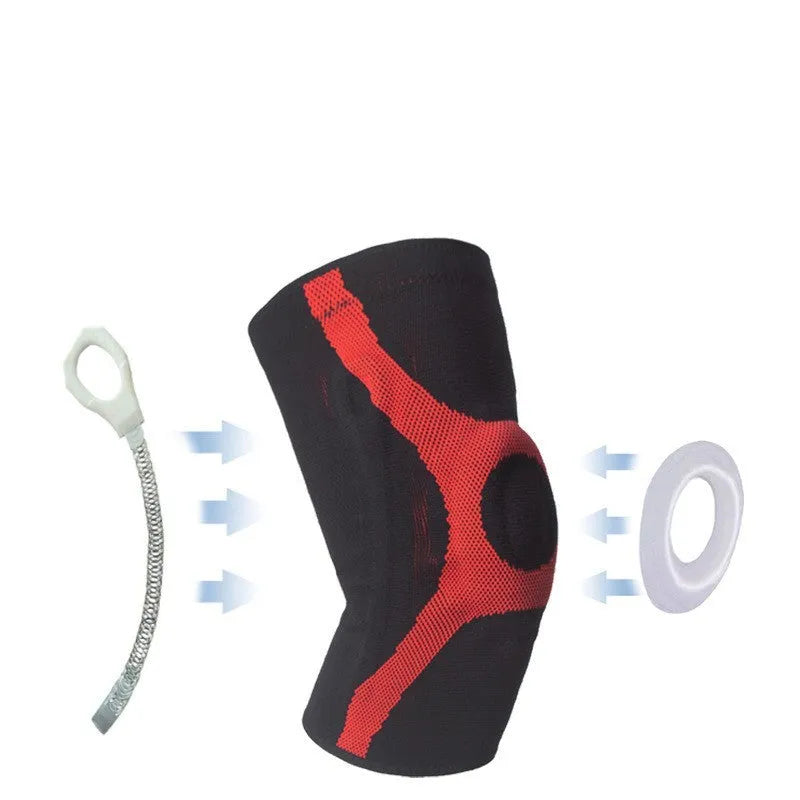 Red and grey silicone sports knee pads with knitted fabric and non-slip grip for running and climbing