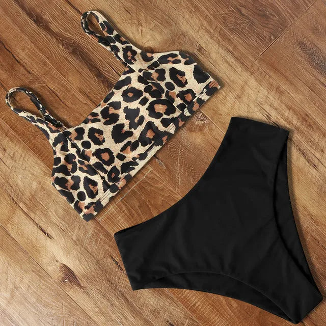 Women's leopard print high waist bikini with push-up bra top and matching shorts.