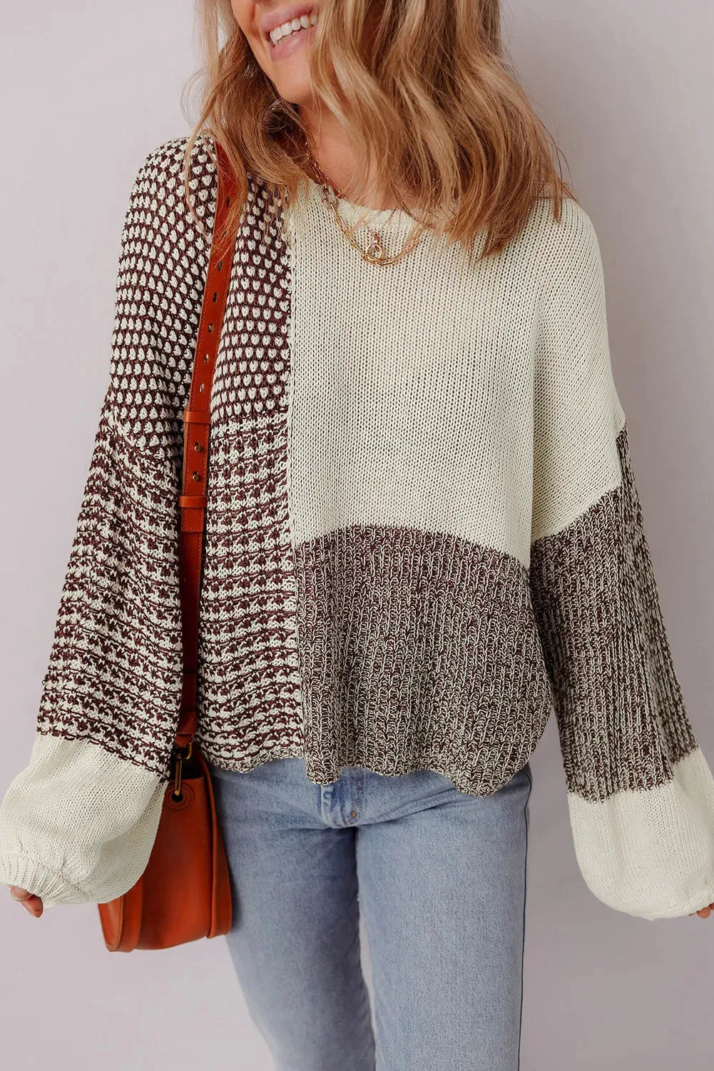 Dark khaki colour block women's sweater with a back tie and drop-shoulder loose fit.