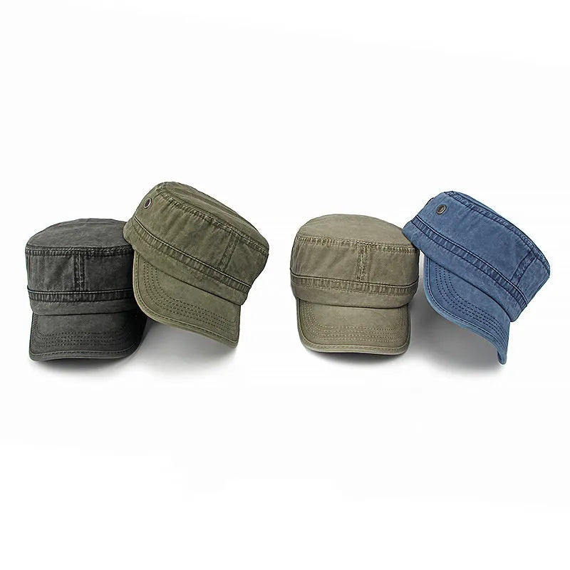 Flat top military cap in cotton fabric with adjustable sizing and sunshade brim