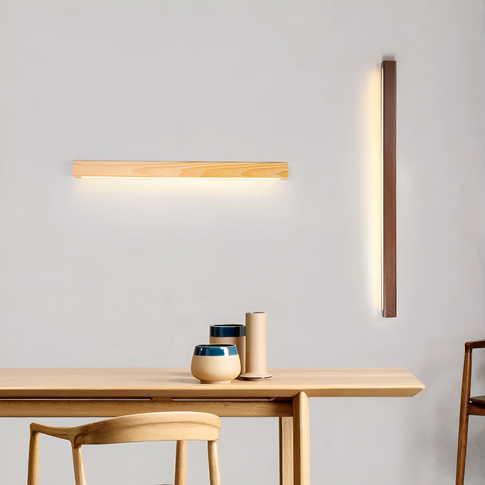 Walnut-coloured wooden log strip wall lamp with acrylic elements and integrated LED lighting.