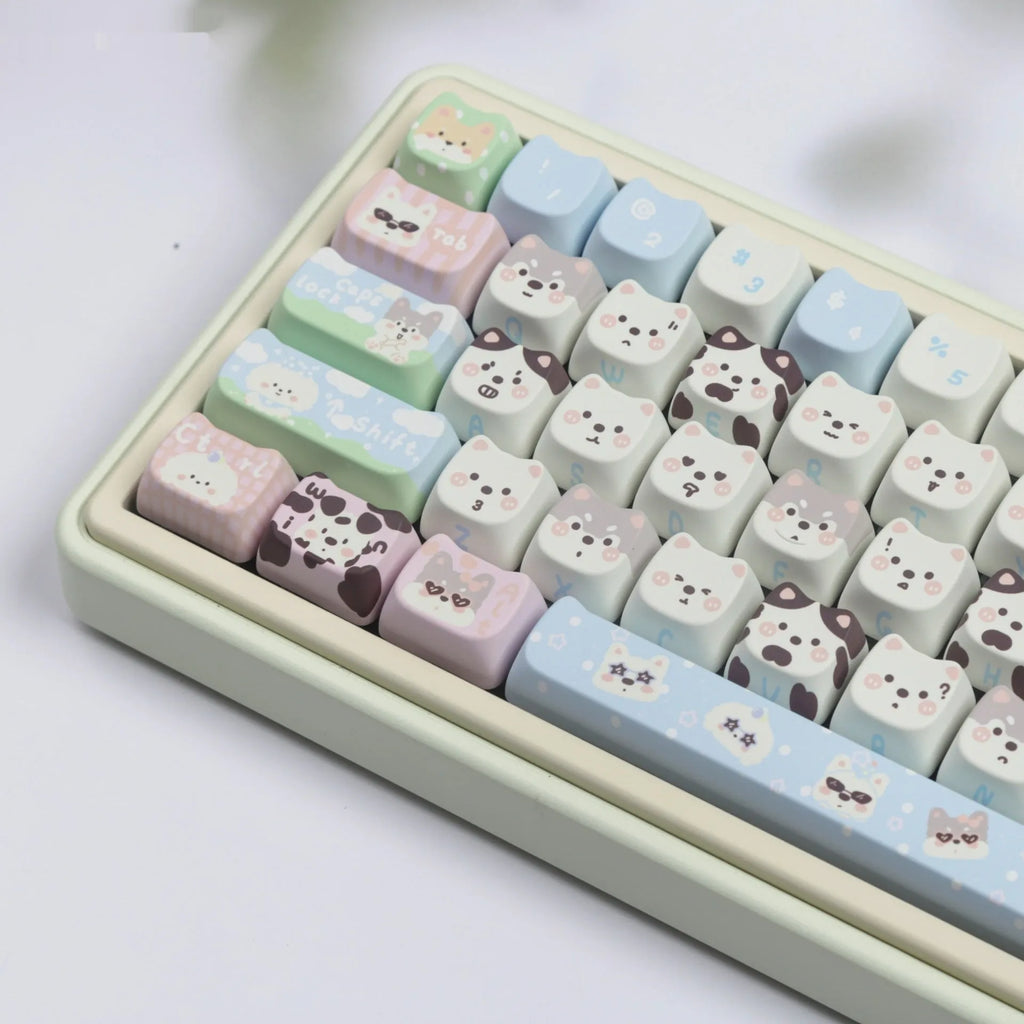 Colourful PBT key cap set for mechanical keyboards with printed cat and puppy designs.