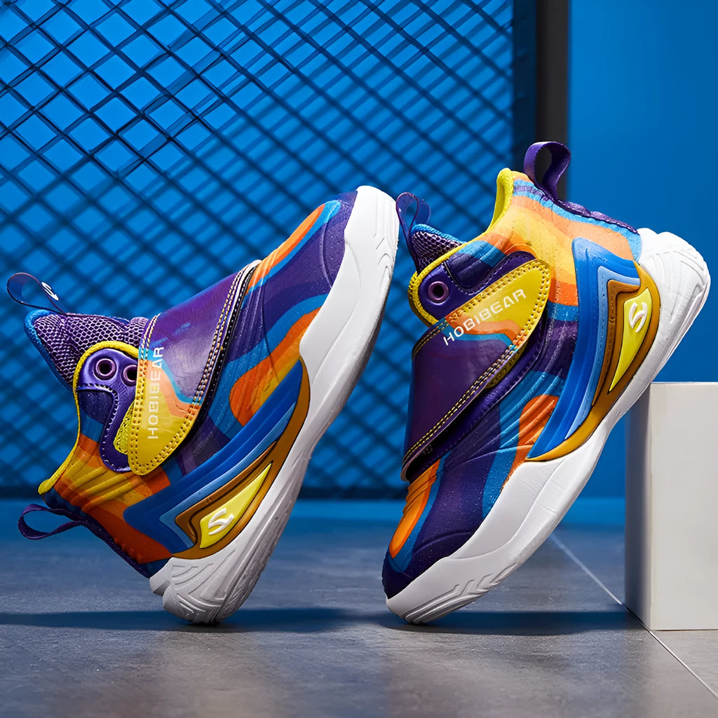 Children's breathable lightweight basketball shoes with PU mesh upper in purple blue and purple yellow, sizes 28-39