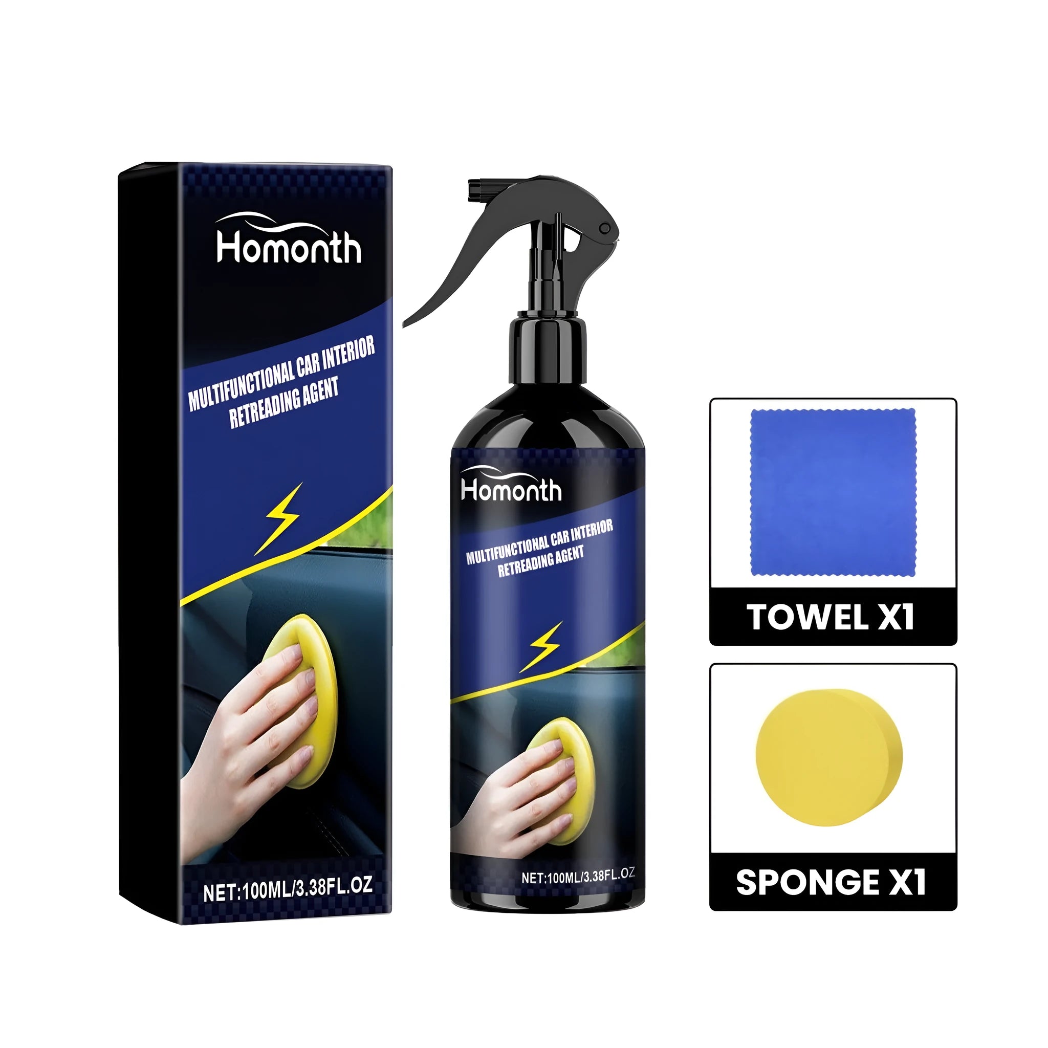 Car interior retreading kit showing bottle, yellow sponge, and microfibre towel
