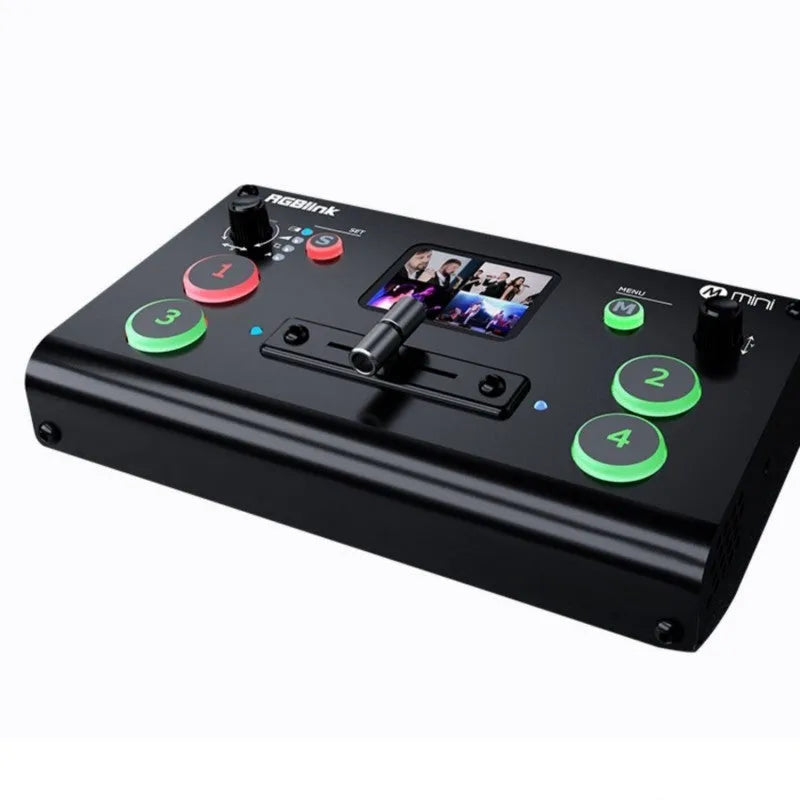 RGBLINK HDMI multi-format switcher unit with 4 inputs, TFT screen, and integrated controls on a desktop.