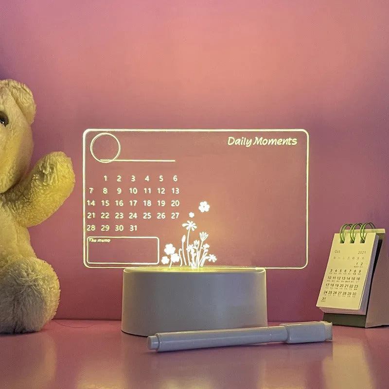 Acrylic bedside message writing board night light with LED calendar light sheet and pen on square base