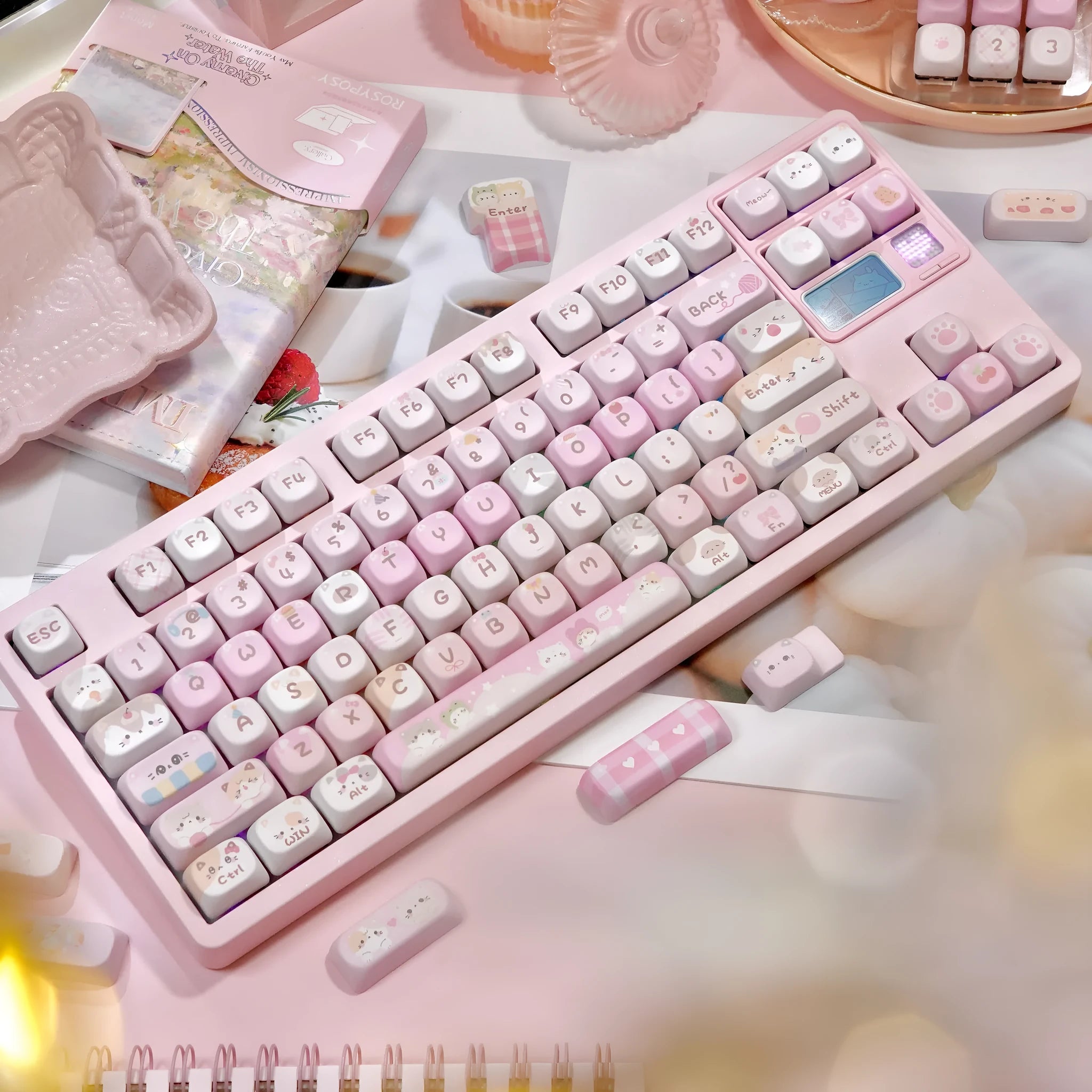 MOA height five-sided sublimation key caps with pink cartoon design for mechanical keyboards
