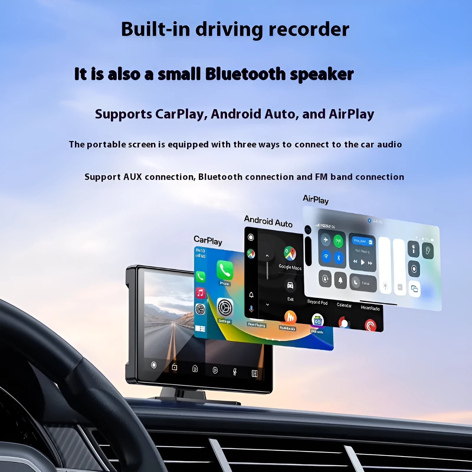 9 inch black vehicle navigation unit with capacitive touch screen showing map and dual camera recording icon