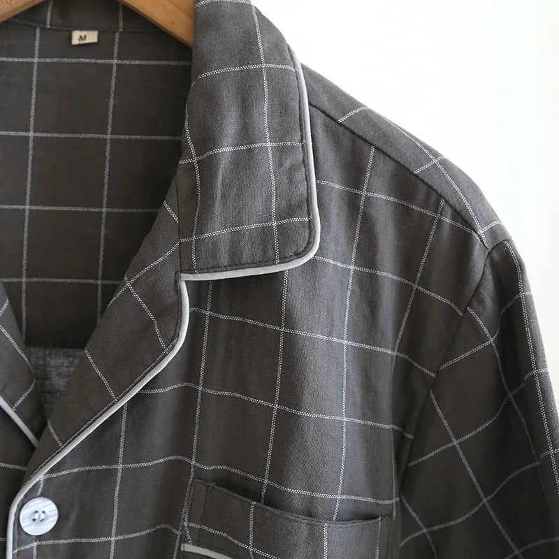 Men's cotton single-line plaid short-sleeved pajama suit with full trousers, gray colour, on plain background