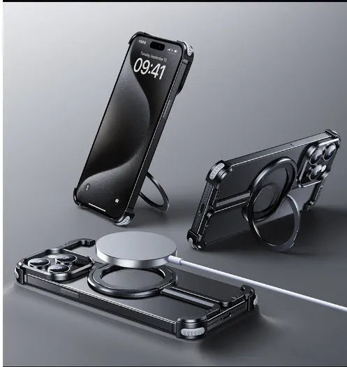 Metal airbag anti-fall phone case with aluminium holder for Apple iPhone 12 Pro to 15 Pro Max in black, blue, purple