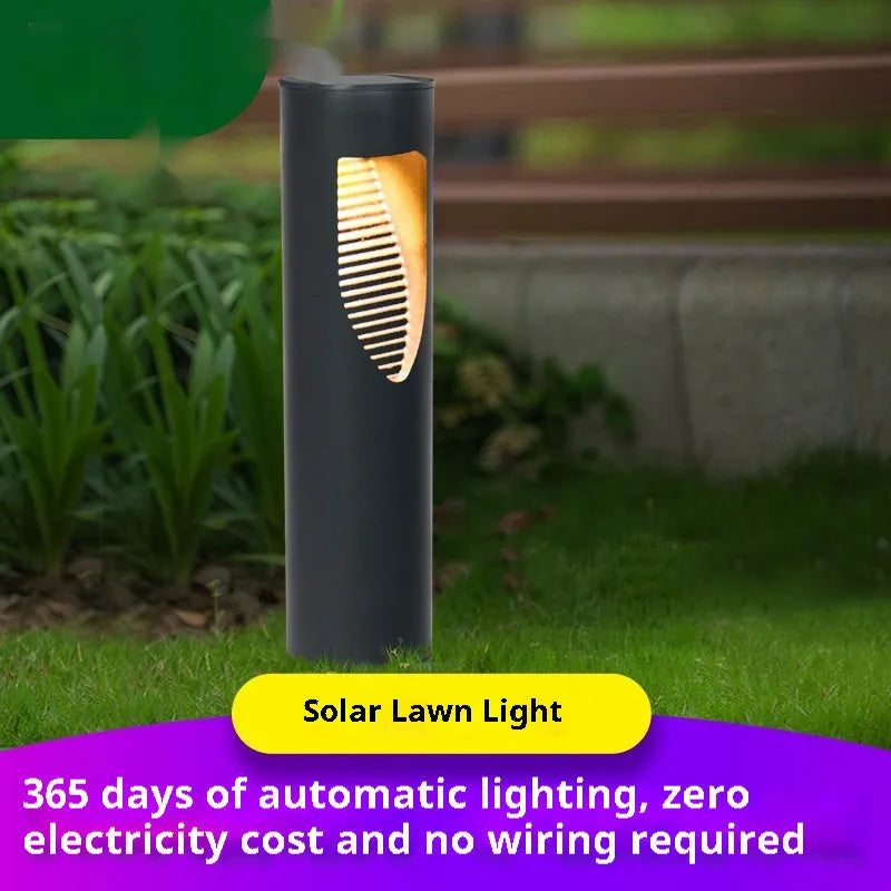 Black geometric abstract solar garden light with stainless steel construction for outdoor use
