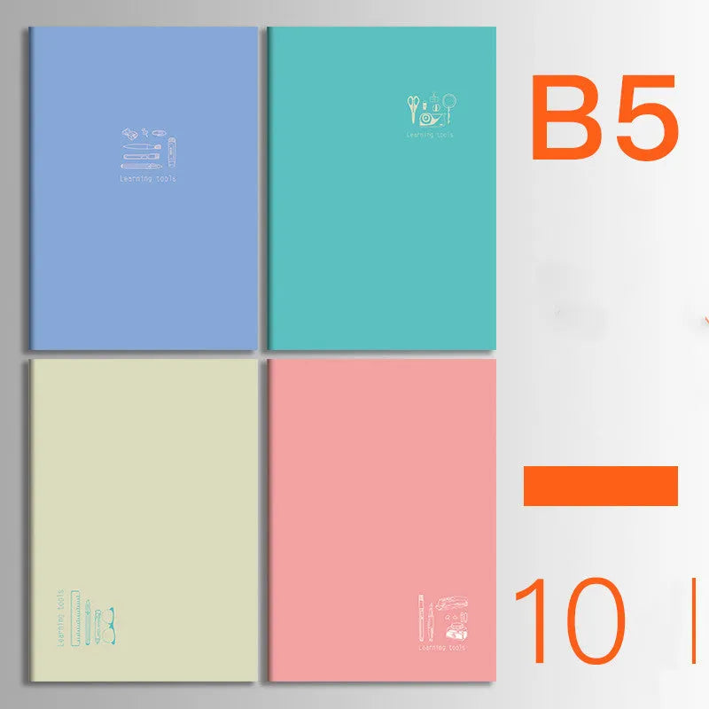 Set of 10 kraft paper notebooks with various hand-painted covers, shown open to display thread binding.