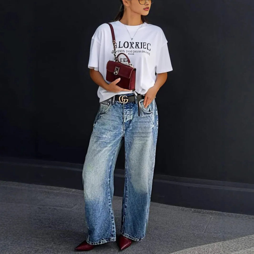Blue wide leg stretch denim jeans for women with high waist and zipper fly