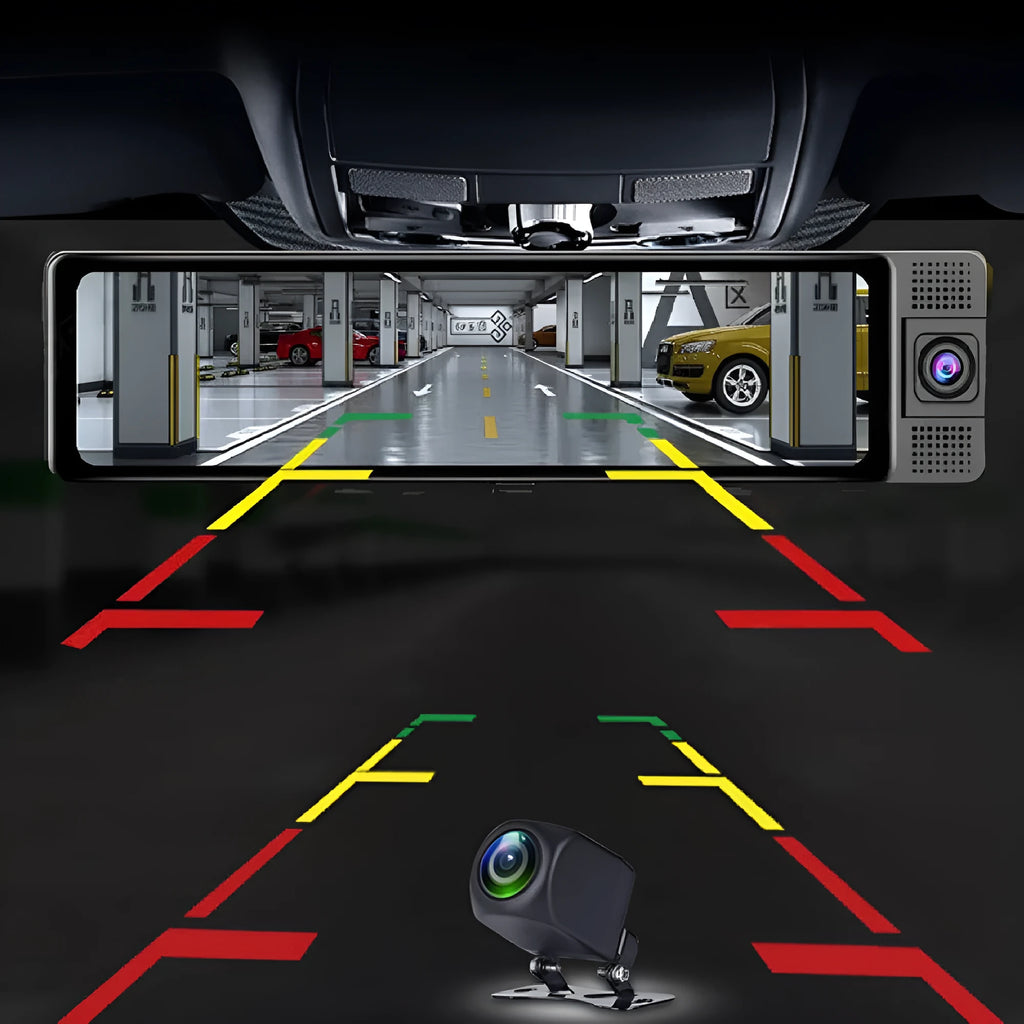 12-inch touchscreen car dash cam and reversing camera system with rear camera on black background