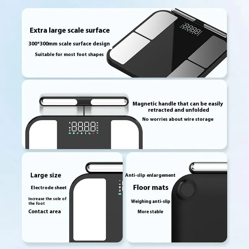 Black electronic bathroom scales with tempered glass platform showing body composition analysis on colour screen