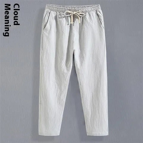 Men's cotton blend linen Tang suit cropped pants in high-waist straight-leg style
