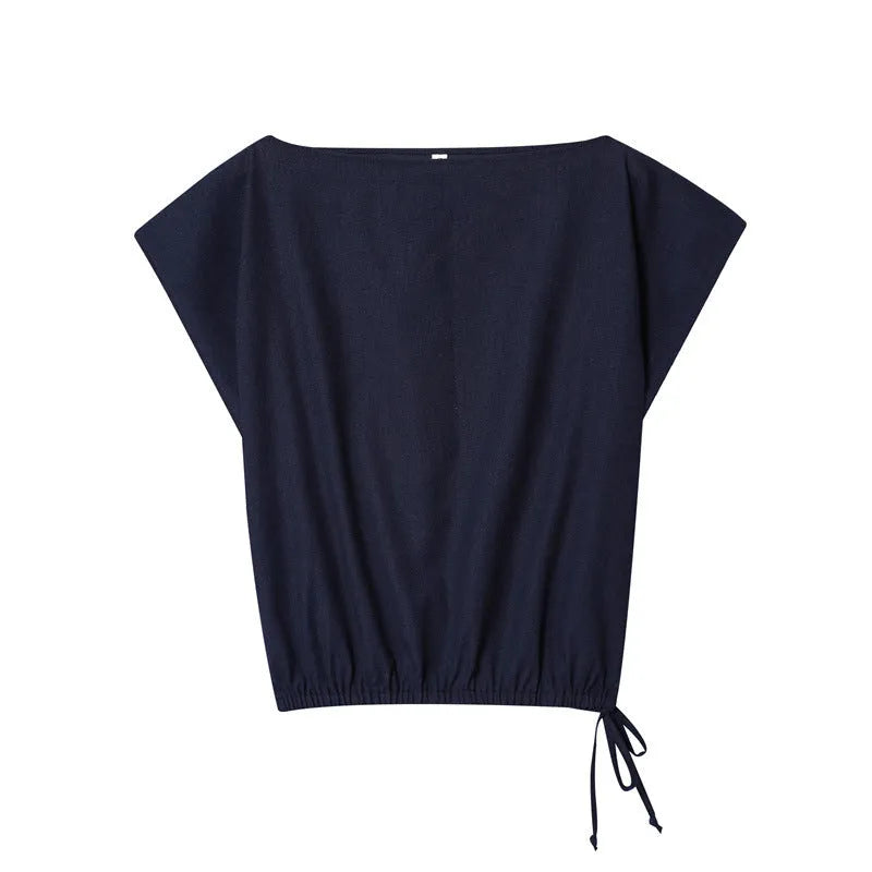 Women's high-neck blouse with flounced sleeves and matching wide-leg trousers in a formal suit set.