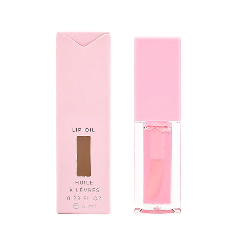Women's natural transparent lip gloss in 6ml size showing six fruit-inspired sheer colour shades