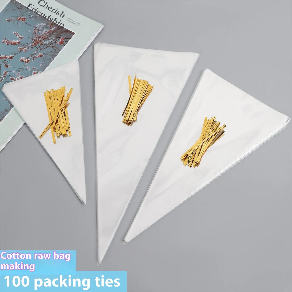 Triangle-shaped clear OPP plastic packaging bags with tie wire closures for holiday gifts