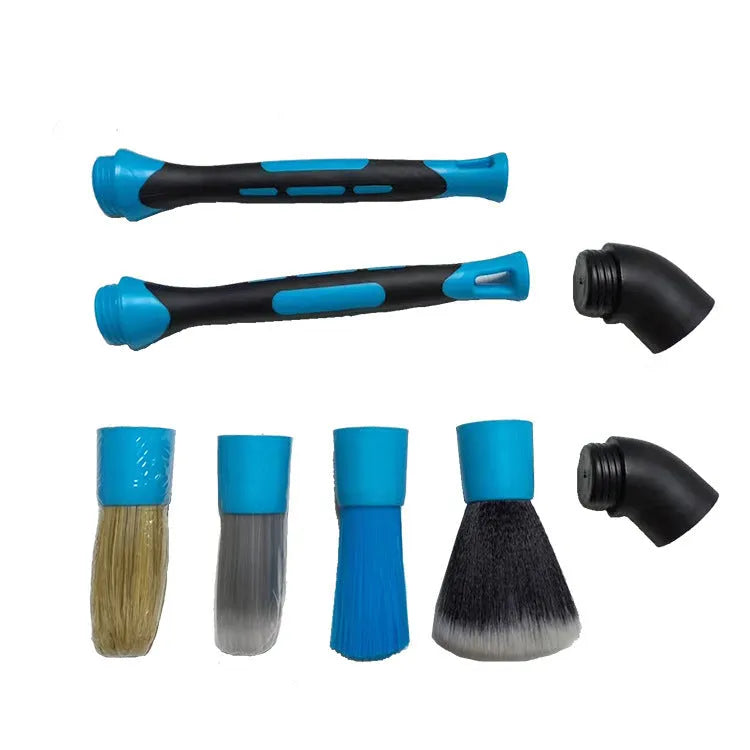 Blue detachable car wash brush set with four brush heads two handles and two elbows for engine bay cleaning