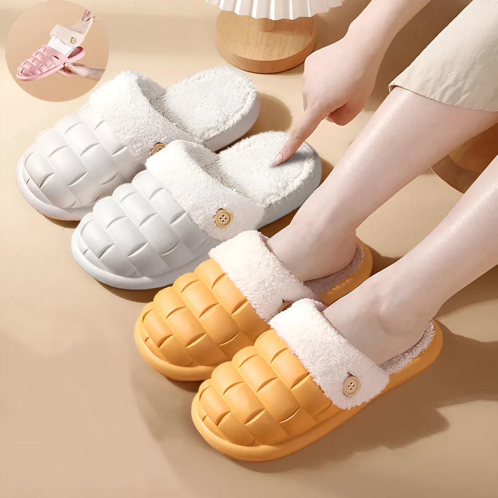 Pink and grey plaid detachable slippers with a soft plush interior and a textured white EVA non-slip sole.