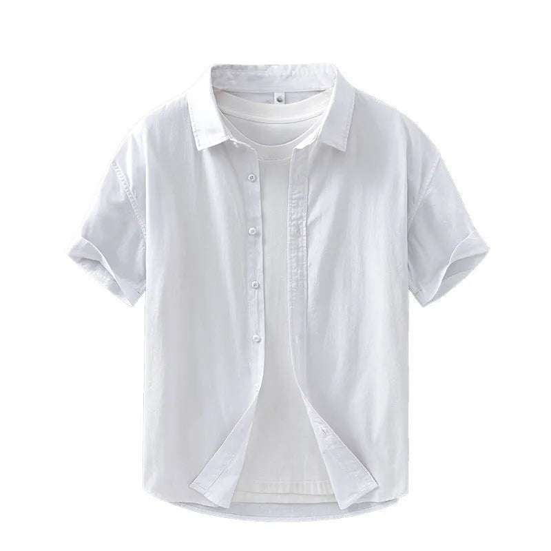 Summer menswear casual short-sleeved cotton shirt in loose cardigan style, white, pure cotton
