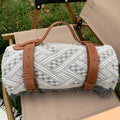 Chessboard plaid knitted picnic blanket with tassel edging and leather handle, acrylic camping rug