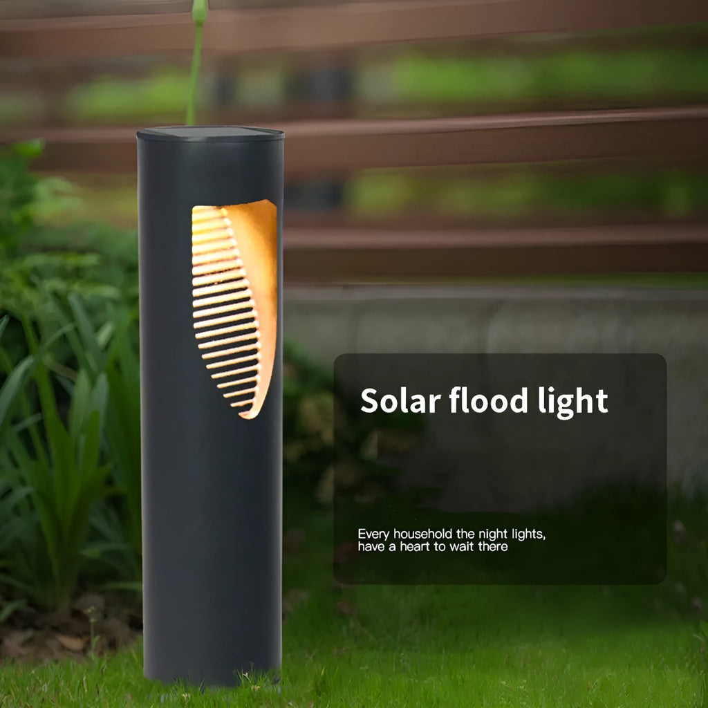 Black geometric abstract solar garden light with stainless steel construction for outdoor use