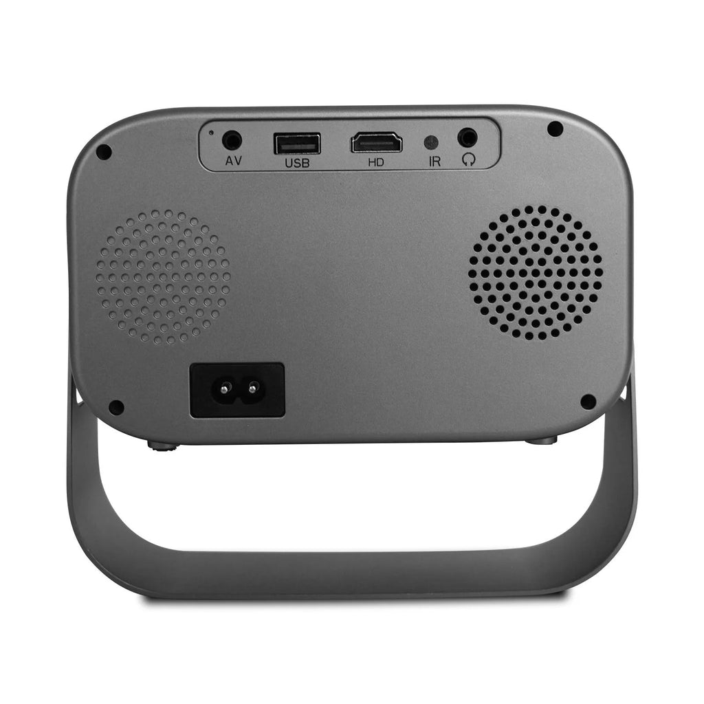 Black portable HD projector with remote control and cables for home office presentations