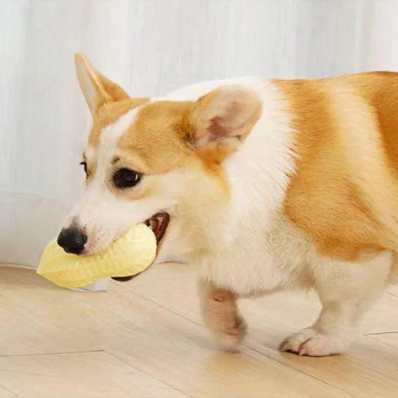 Yellow TPR peanut-shaped squeaky chew toy for dogs on a plain background.