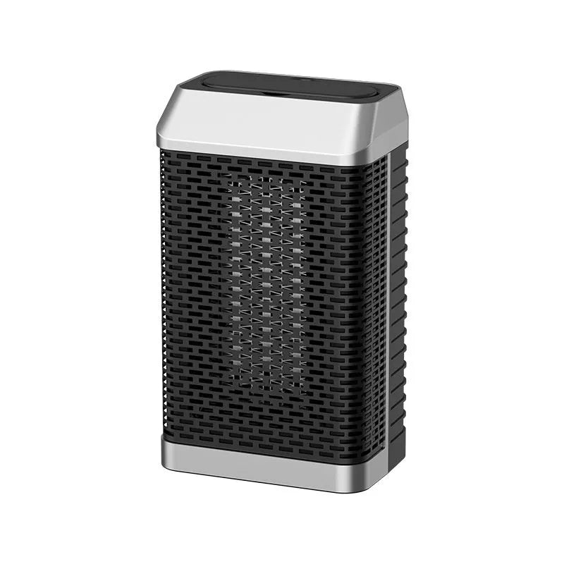 Black smart desktop heater with remote control on a wooden desk, showing digital display and shaking head louvres.