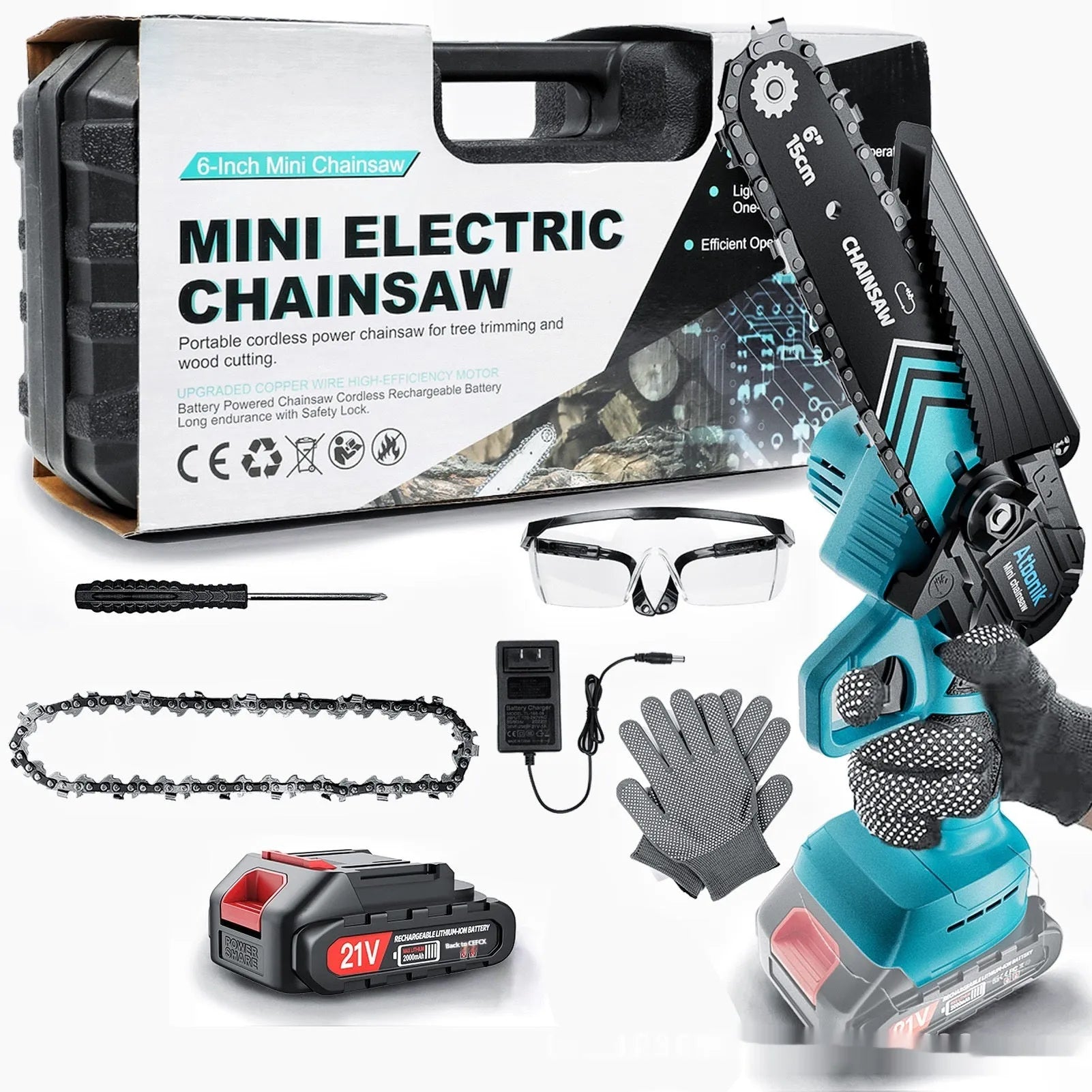Cordless handheld mini electric chainsaw with 6-inch chain, two batteries, charger, safety goggles, gloves, and storage box