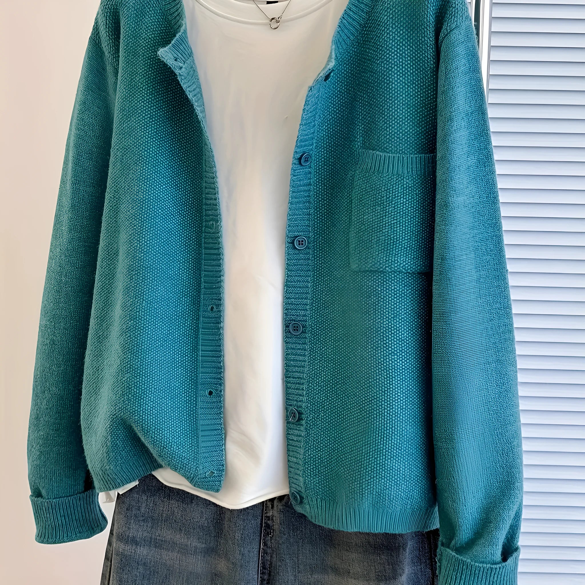 Solid colour round neck cardigan jacket for women in sky blue with button front and princess sleeves